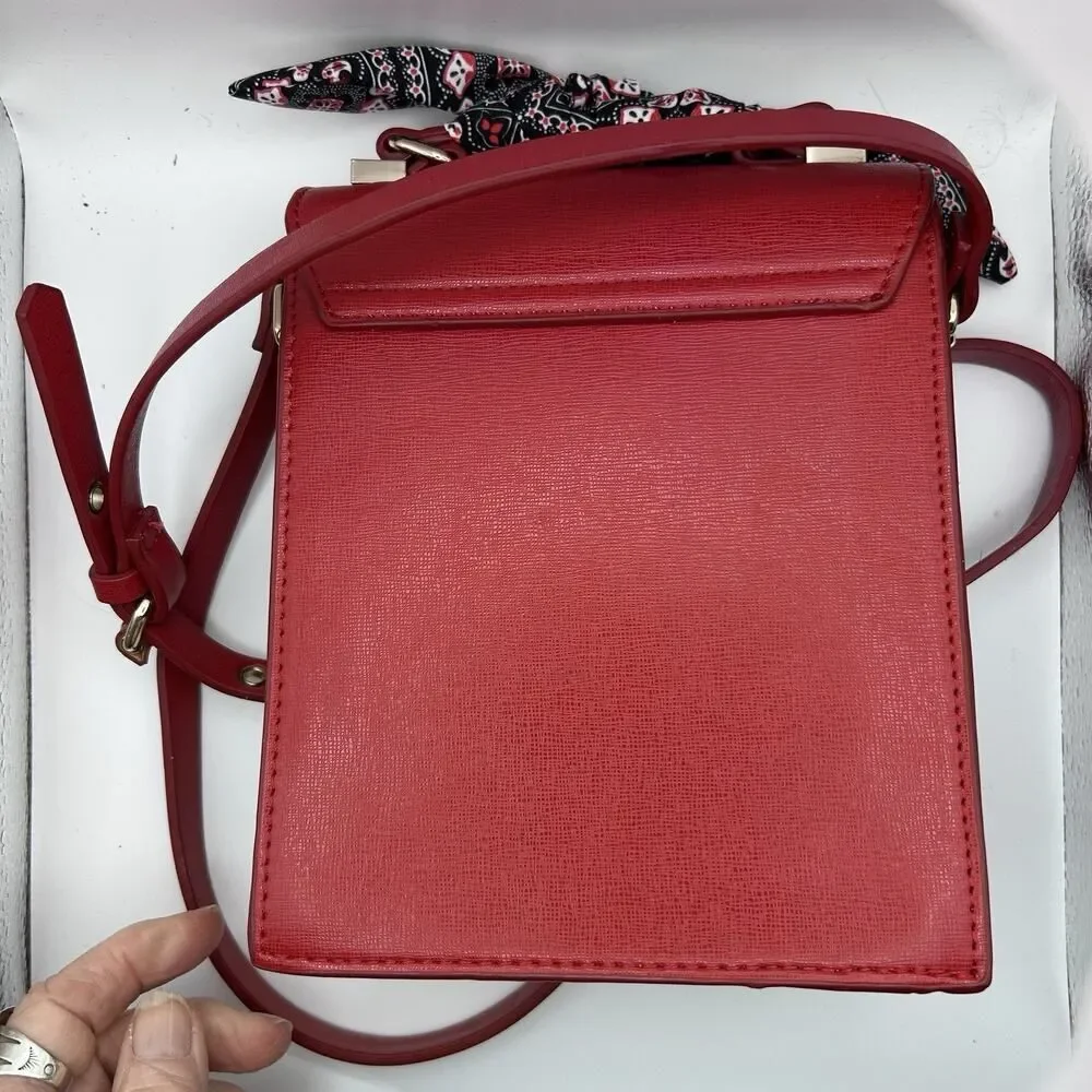 Zara Trafaluc red crossbody purse 8 x 6 x 2.25 faux leather attached twilly